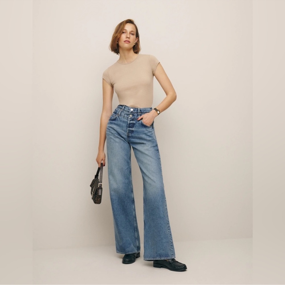 Reformation Cary Double Waistband High Rise Slouchy Wide Leg Jeans Rainy sz 28